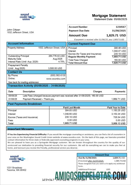 Declaração de hipoteca da Washington Sound Credit Union dos EUA em formatos Word e PDF exemplo real